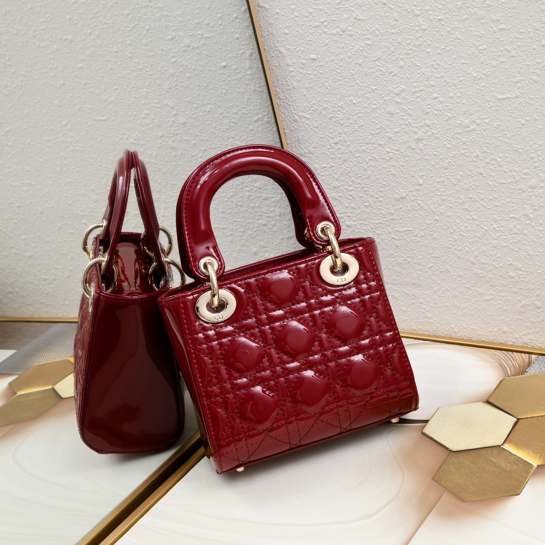 Dior Mini Lady Dior Bag Powder Cherry Red Patent Cannage Calfskin Golden Hardware - Bag
