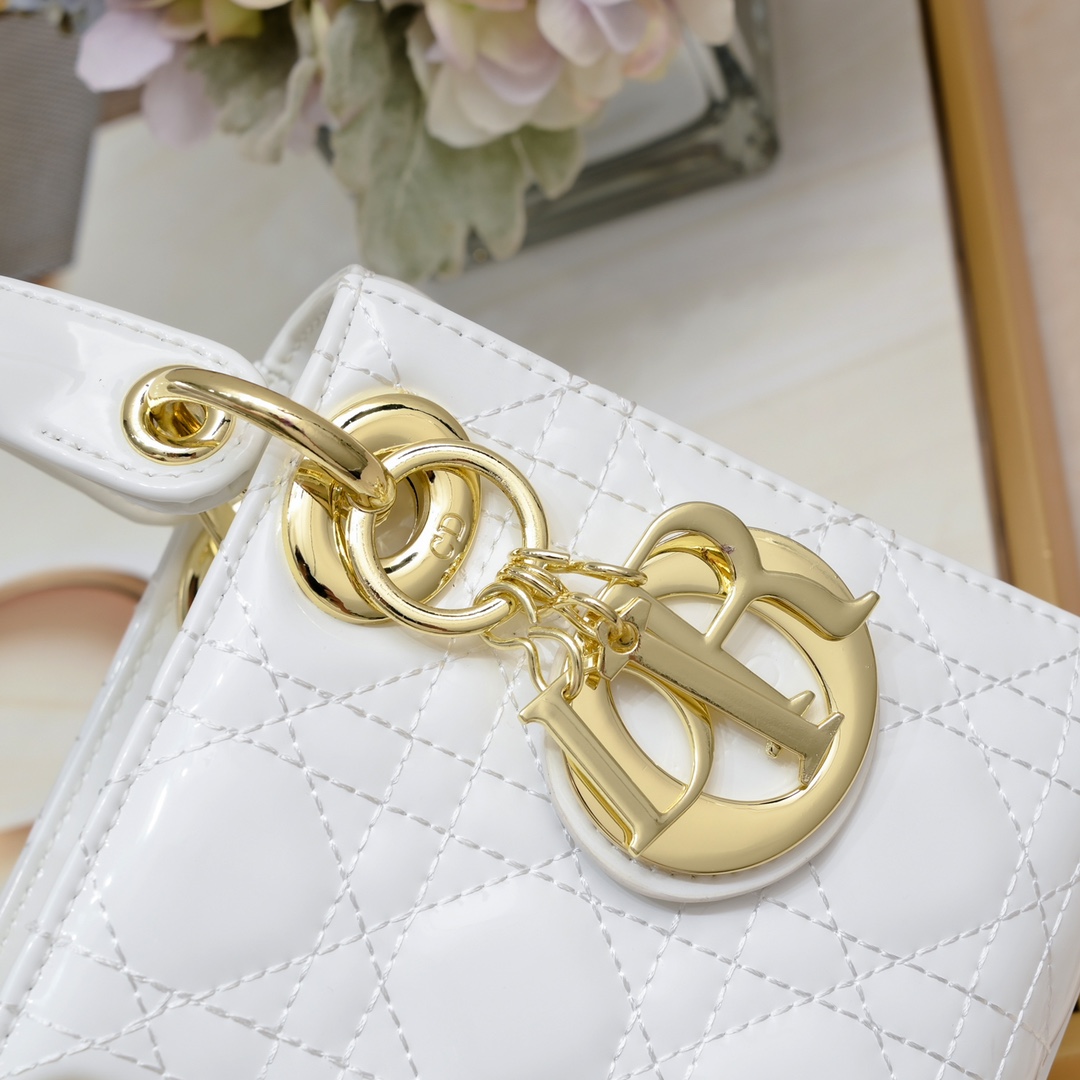 Dior Mini Lady Dior Bag Powder White Patent Cannage Calfskin Golden Hardware - Bag