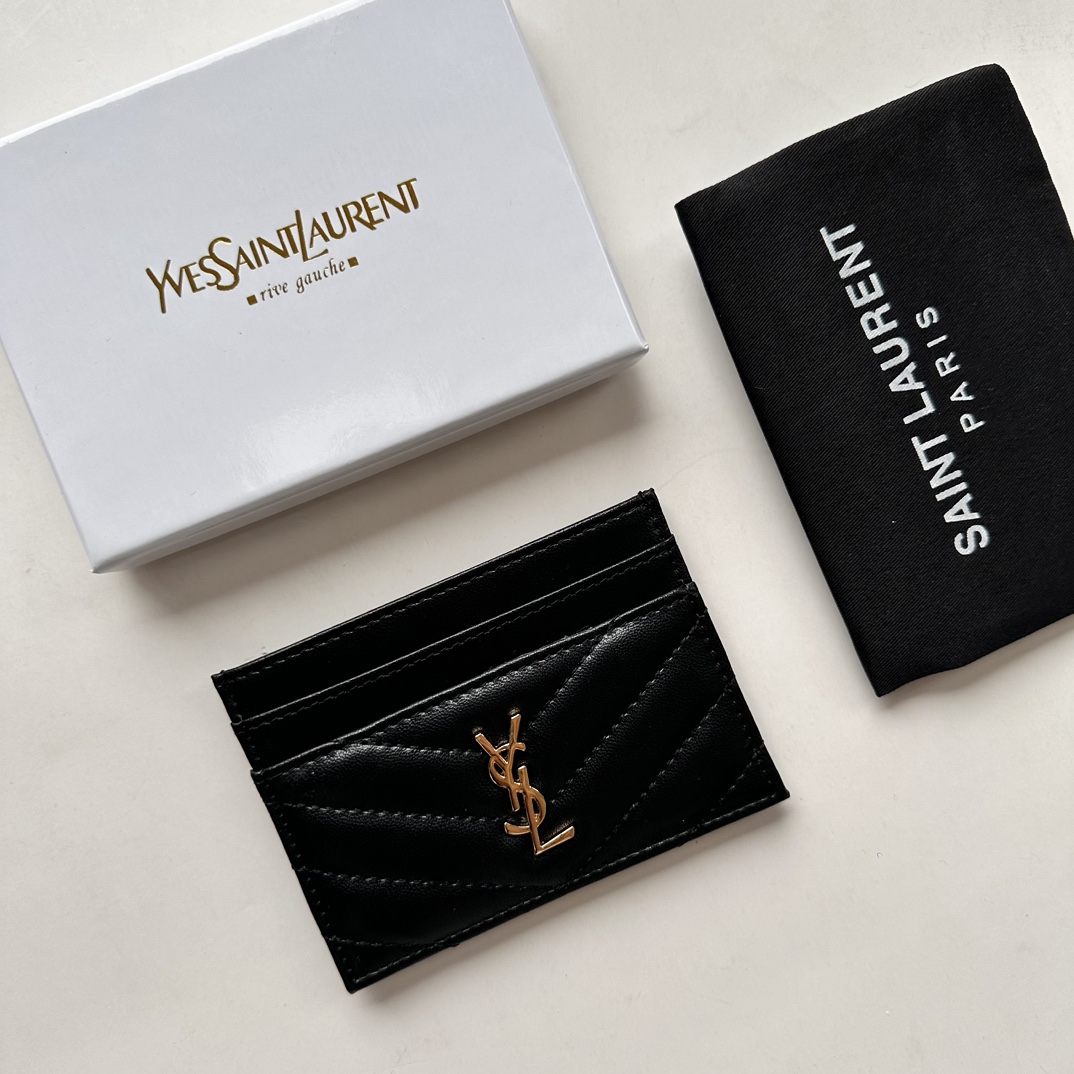 Saint Laurent CASSANDRE MATELASSÉ card case in lambskin -Black and Gold Wallet