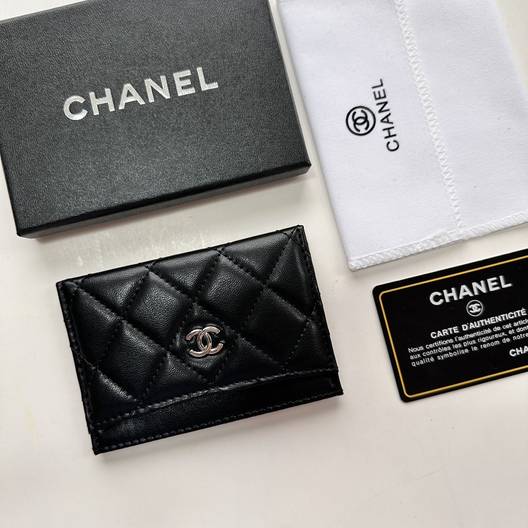 Chanel CLASSIC CARD HOLDER Grained Calfskin & Silver-Tone MetalBlack -Wallet