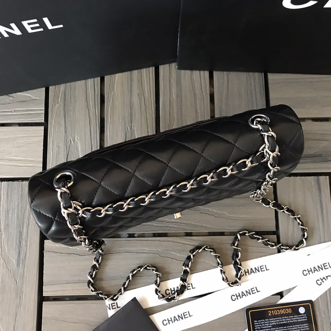 Chanel Classic Double Flag Bag Black Leather Silver Hardware Shoulder Bag